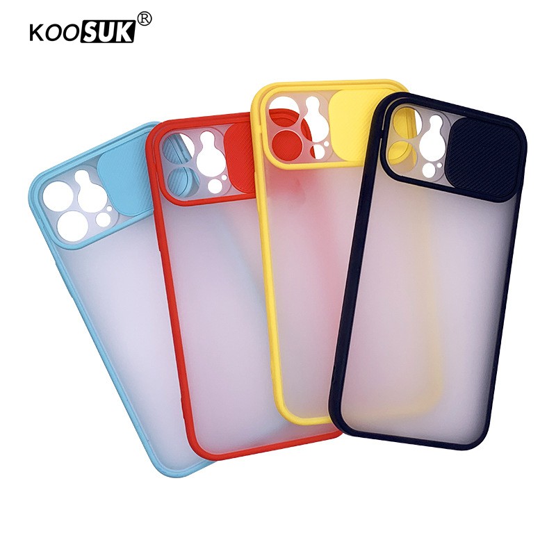 Koosuk Ốp điện thoại mặt nhám trong suốt màu kẹo có nắp trượt bảo vệ camera cho iPhone 6 7 8 Plus 11 Pro Max X XS XR SE 2020