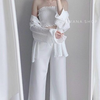 Set 2 món áo sơ mi + áo croptop nhún