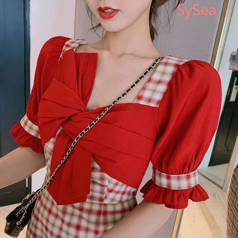 Đầm caro lưng cao thắt nơ cổ vuông phong cách mùa hè thời trang Hàn Quốc cho nữ | BigBuy360 - bigbuy360.vn