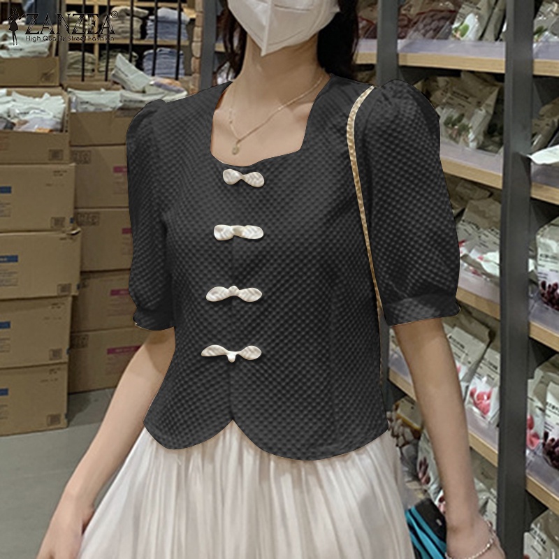 Zanzea Áo Kiểu Tay Ngắn Cổ Vuông Phong Cách Hàn Quốc Thanh Lịch Dành Cho Nữ