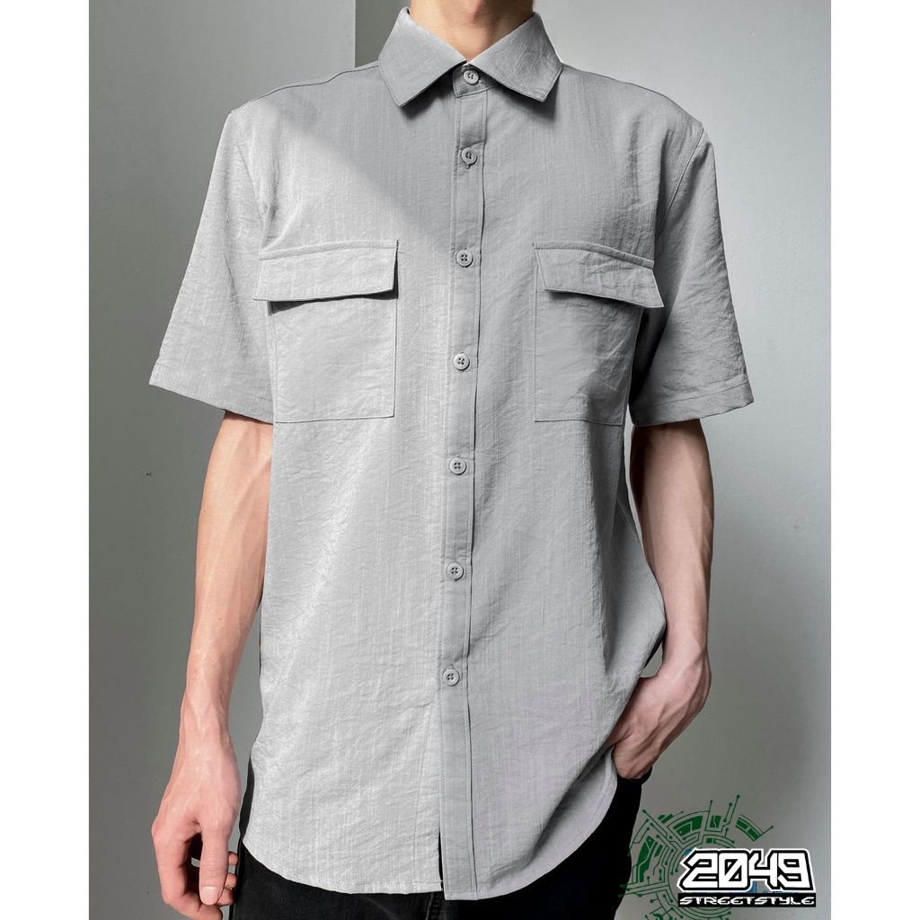 Áo Đũi Nam Sơ Mi Cổ Bẻ Dáng Cộc Tay Linen Basic Túi Hộp Trẻ Trung