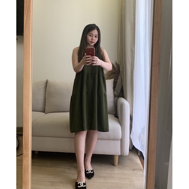 Váy Nữ Cổ Yếm, Đầm Nữ Dáng Suông 3 Tầng Màu Xanh Rêu Dáng Baby Doll hot hit