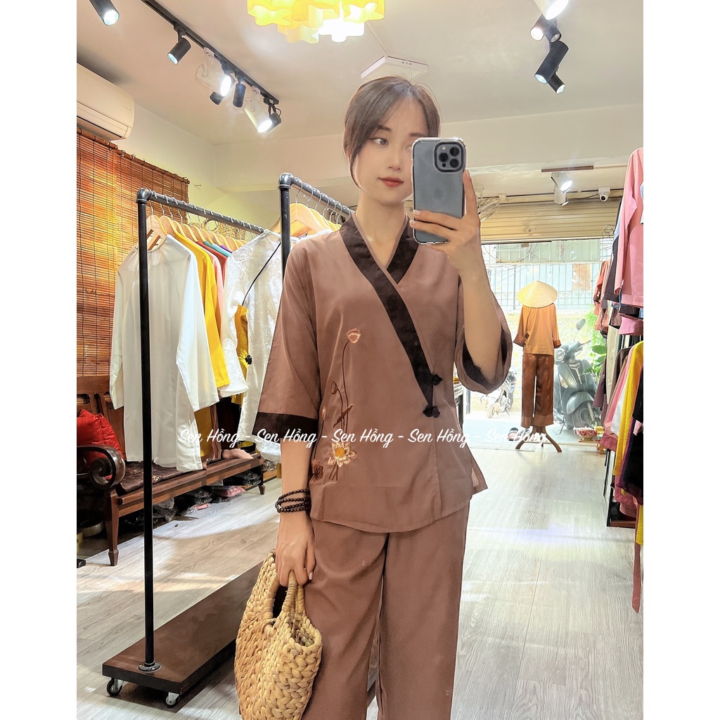 Set đồ lam đi chùa - quần áo Phật tử cài chéo viền nổi, vải kate Nhật bền đẹp - Pháp phục nữ Sen Hồng