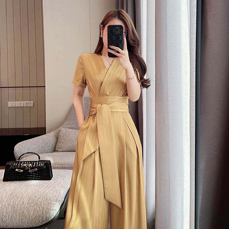 Jumpsuit Lưng Cao Ống Rộng Họa Tiết Kẻ Sọc Thời Trang Mùa Hè 2022 Cao Cấp
