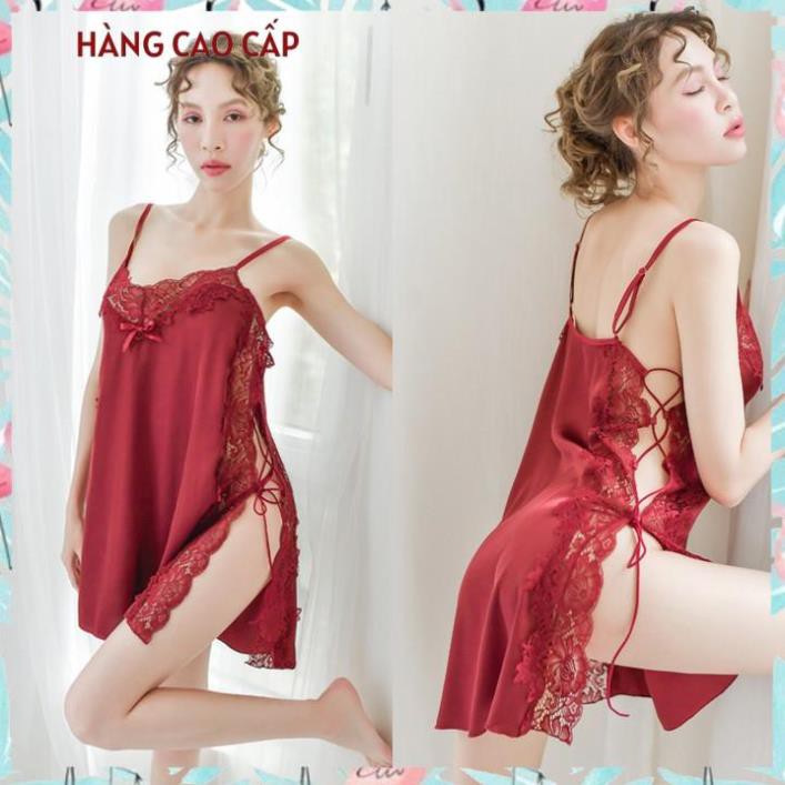 Váy ngủ sexy đan dây hông đầm ngủ lụa phối ren gợi cảm với màu đỏ đô quyến rũ Thư Thư [HÀNG CAO CẤP]