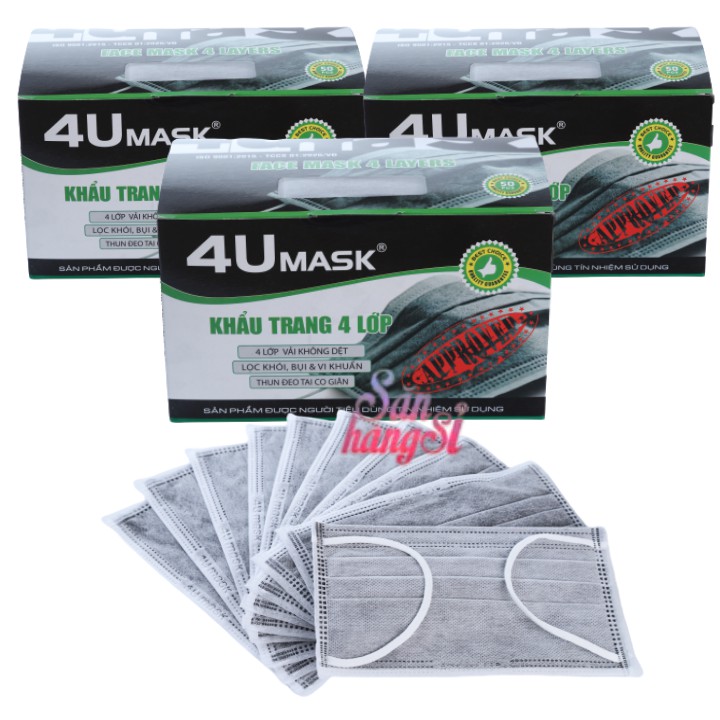 Khẩu trang y tế 4 lớp than hoạt tính hộp 50 cái kháng khuẩn chống giọt bắn 4U Mask