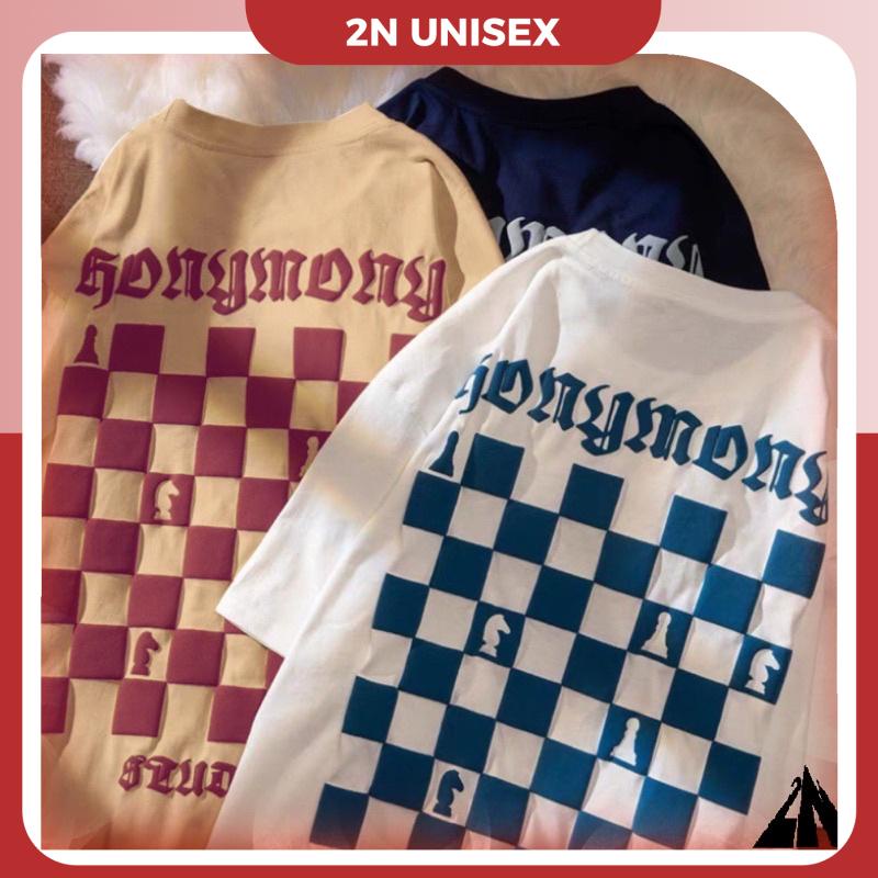 Áo phông nam nữ form rộng 2N Unisex thun cotton in Bàn cờ trắng/xanh/be