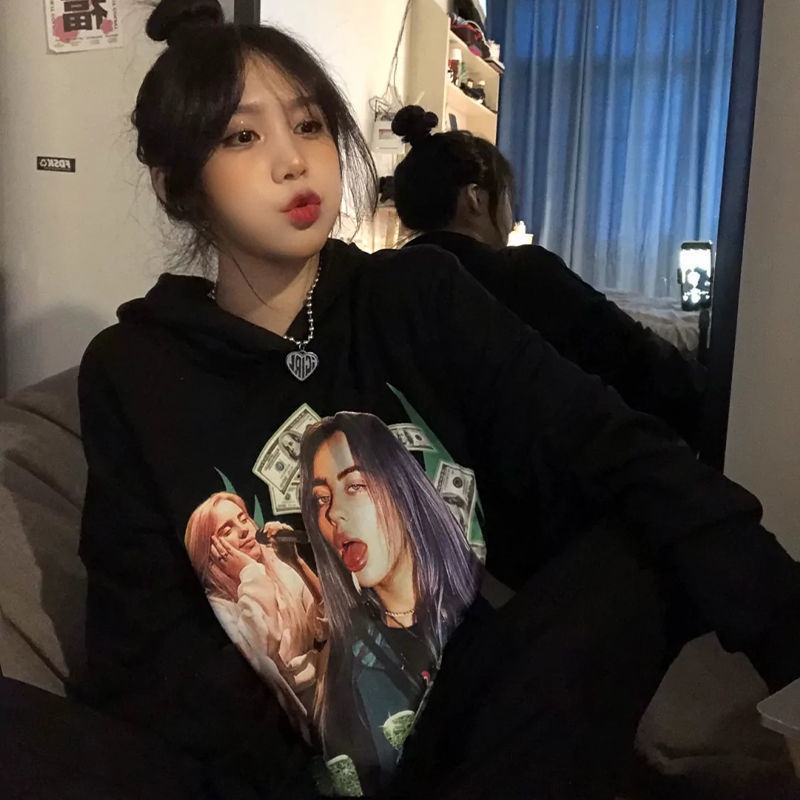 Áo Hoodie Dáng Rộng Màu Đen Thời Trang Cho Nữ