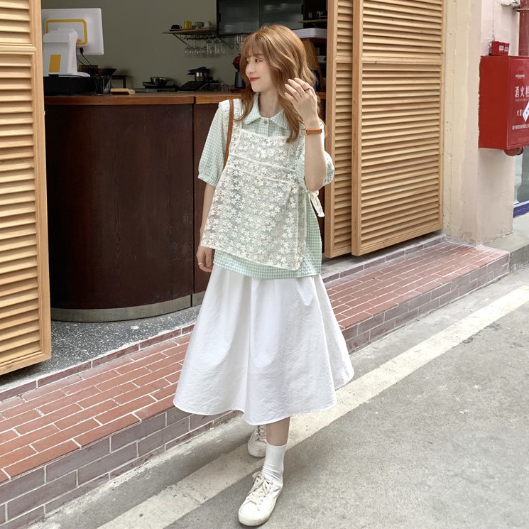 Set Áo Sơ Mi/Áo Không Tay/Chân Váy Chữ A Lưng Cao 42808 Thời Trang Đáng Yêu Cho Nữ