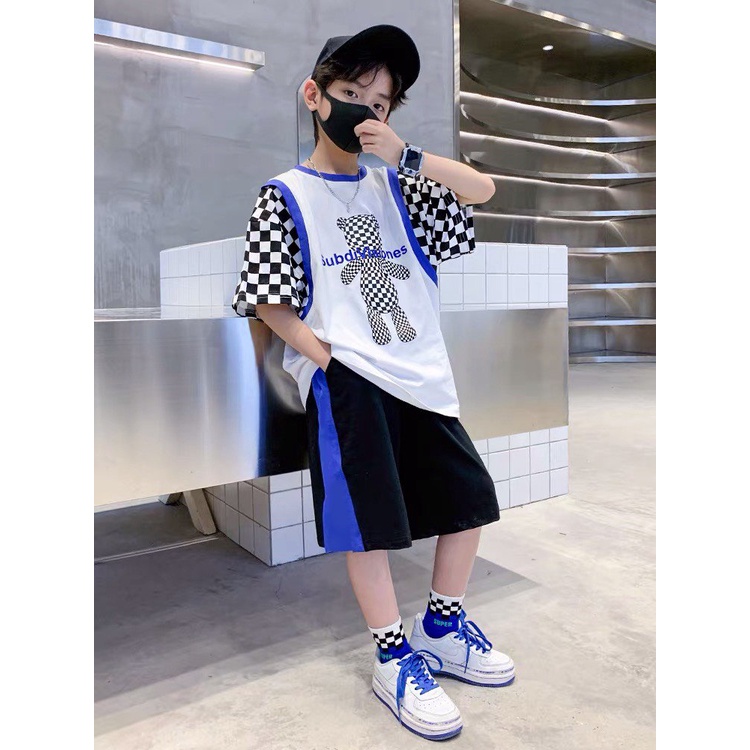 Bộ đồ bé trai Con Xinh cotton hình in gấu SUBO tay phối caro,thời trang dành cho trẻ em từ 4 đến 10 tuổi