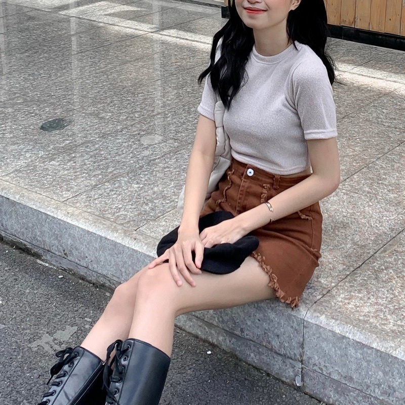 Áo croptop nữ, áo croptop len mỏng ngắn tay basic SS03721