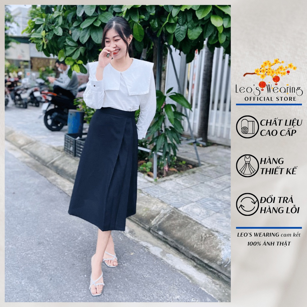 Váy Công Sở Nữ LEOSWEARING Chân Váy Chữ A Xếp Ly Mix Áo Sơ Mi Cổ Thủy Thủ Đầm Dự Tiệc Dạo Phố D67