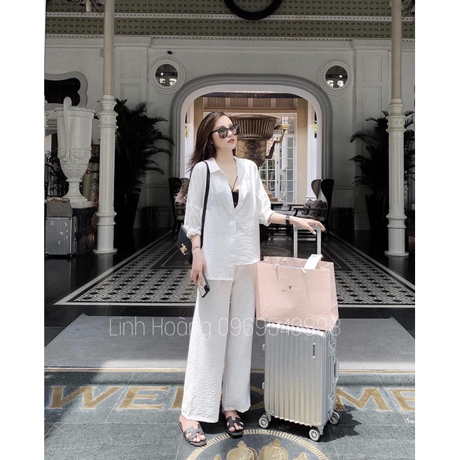 SET áo sơ mi quần ống rộng vải đũi màu trắng