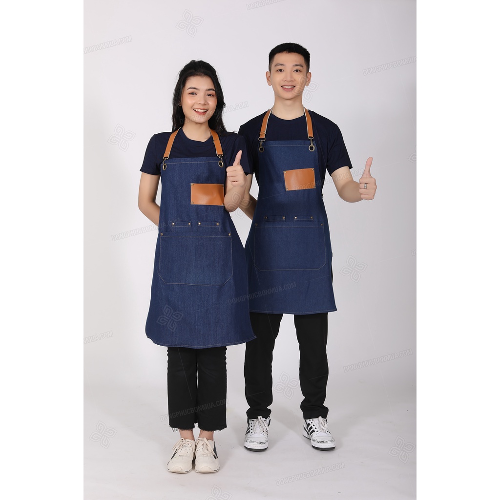 Tạp dề quán café cho nhân viên - Vải denim bền đẹp, phối da cao cấp nhiều túi tiện lợi, dây đeo dài tùy chỉnh kích thước