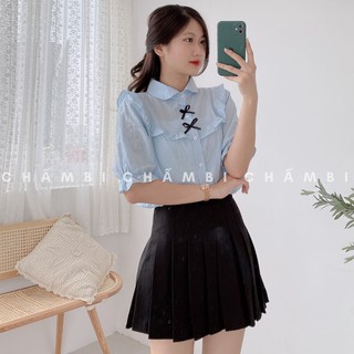 [SALE] Áo Kiểu Tay Ngắn Cổ Sen Viền Ngực Bèo Ren Giả Yếm Hai Nơ Đen Nhỏ Cực Xinh - A174