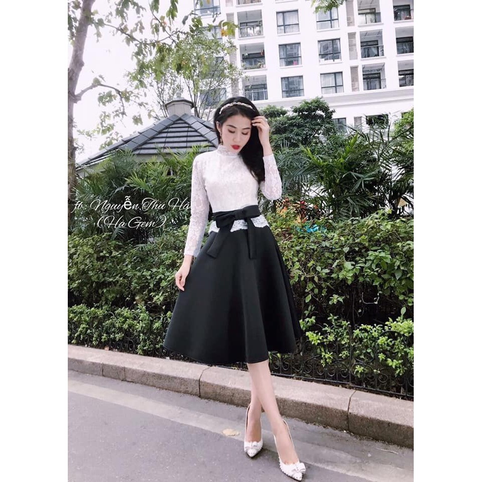 đầm xòe pha ren td cột nơ eo