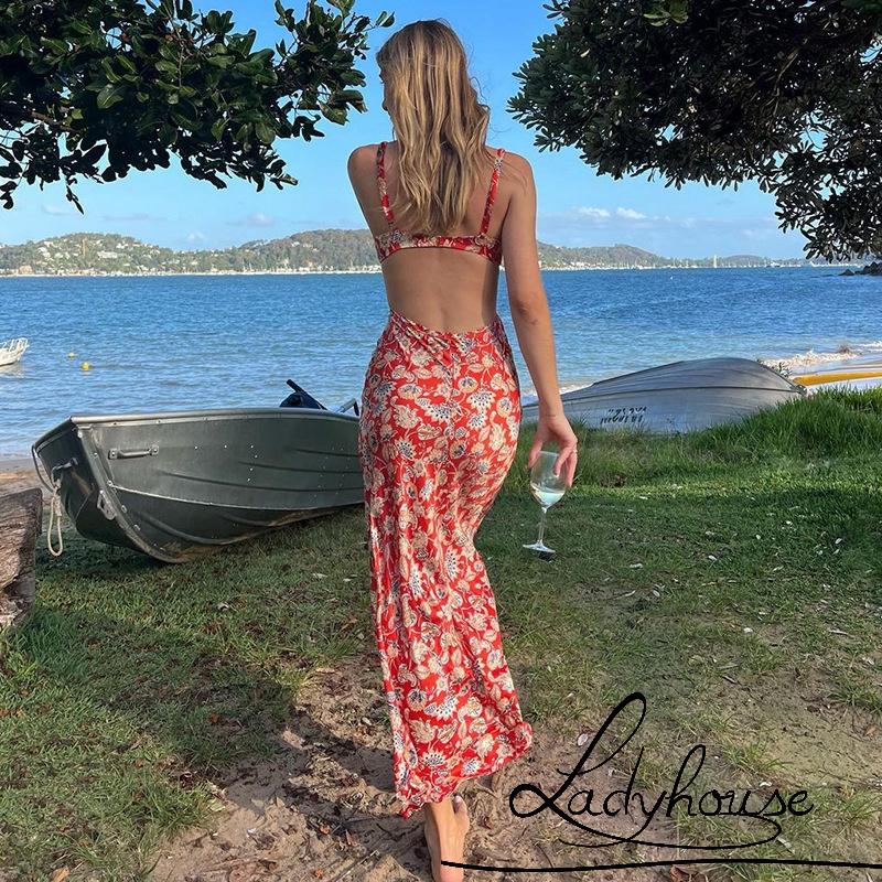 LD-Women´s Sling Long Dress, Floral Printed Hollow Out Backless Ring Connect Dress, Casual Simple One-Piece Clothes
