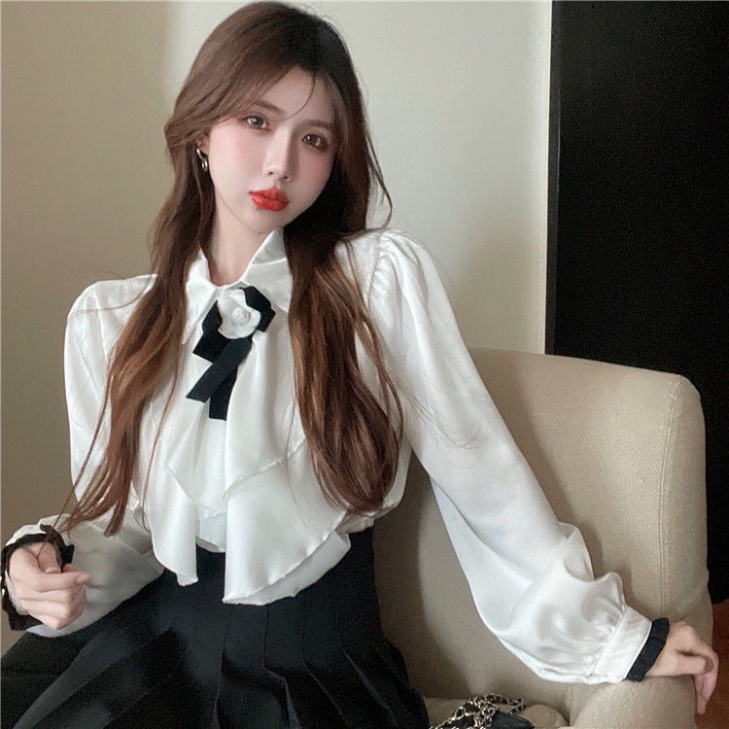Áo sơ mi trắng tiểu thư cài nơ, sơ mi nữ dài tay quảng châu dễ thương đi chơi dự tiệc cực xinh