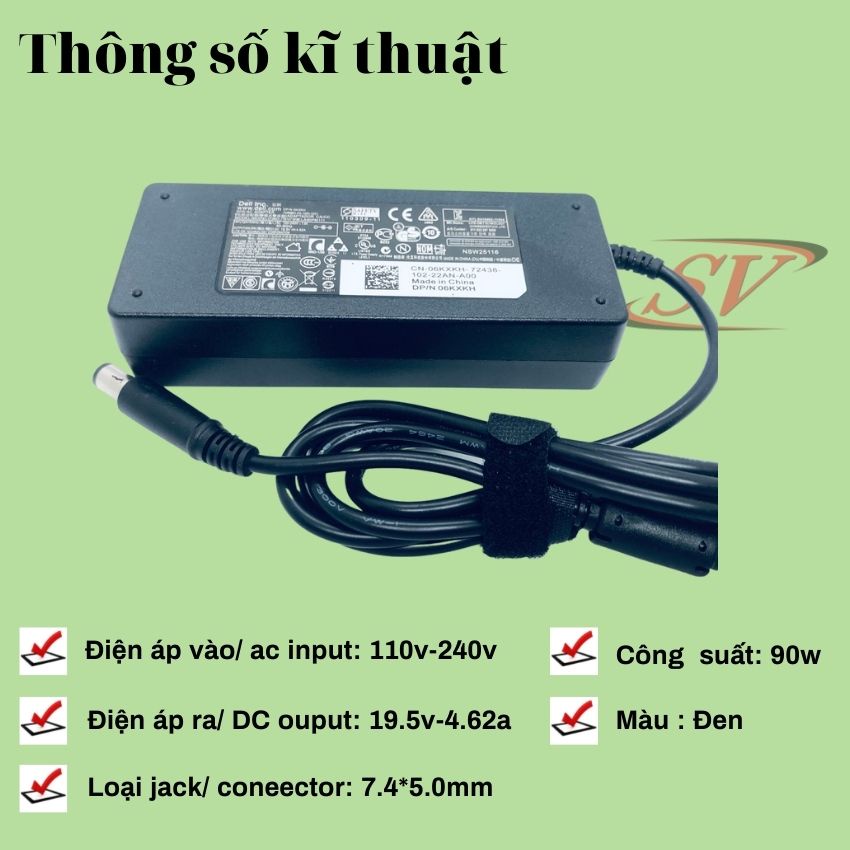 Sạc máy tính dell 4,62A chân kim to savinhitech, sạc laptop dell 90W zin cao cấp bảo hành 12 tháng