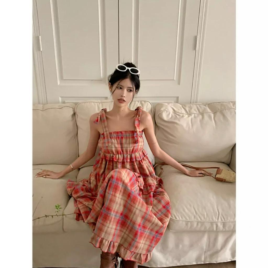 Váy nữ xinh, Váy 2 dây buộc nơ vai xếp tầng bèo họa tiết caro style Hàn Quốc xinh xắn