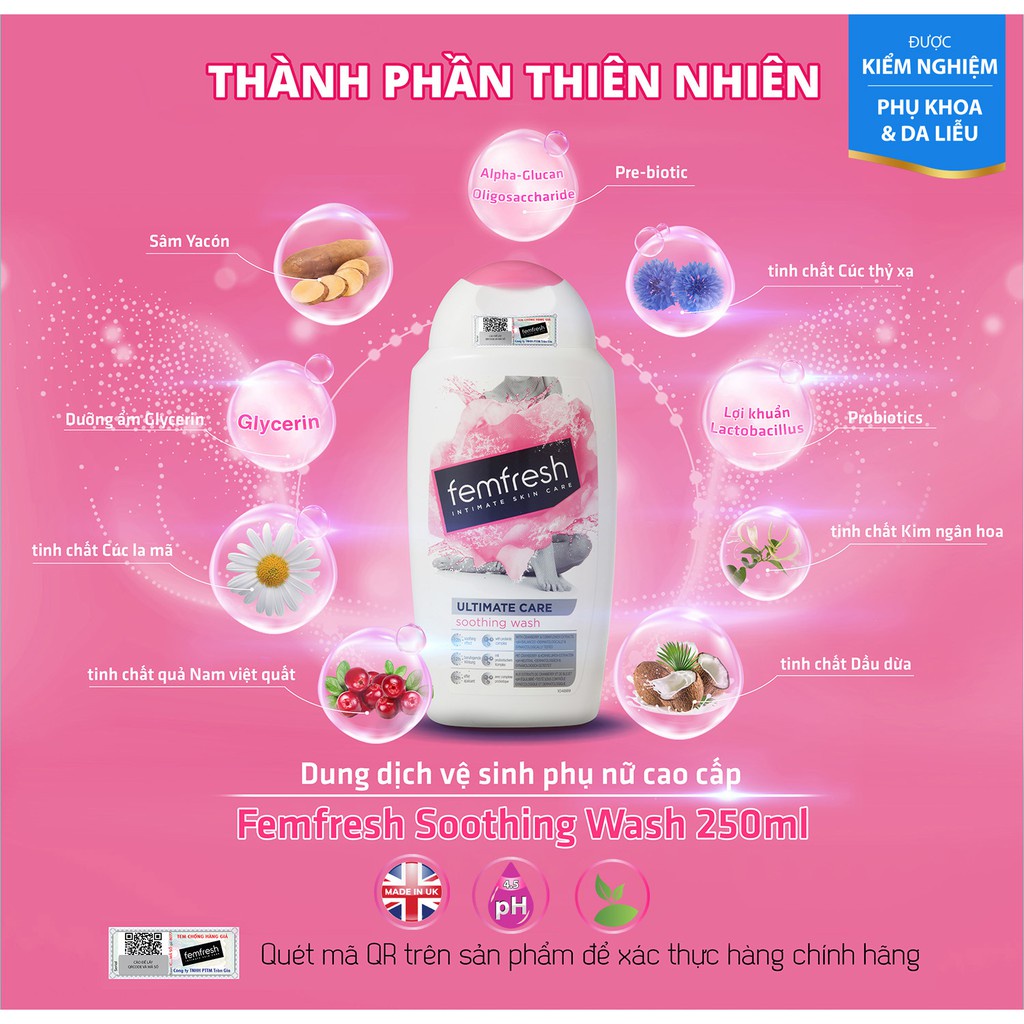 Dung dịch vệ sinh chống viêm cho vùng kín sạch thơm tươi mới Femfresh Soothing Wash 250ml - Femfresh màu hồng