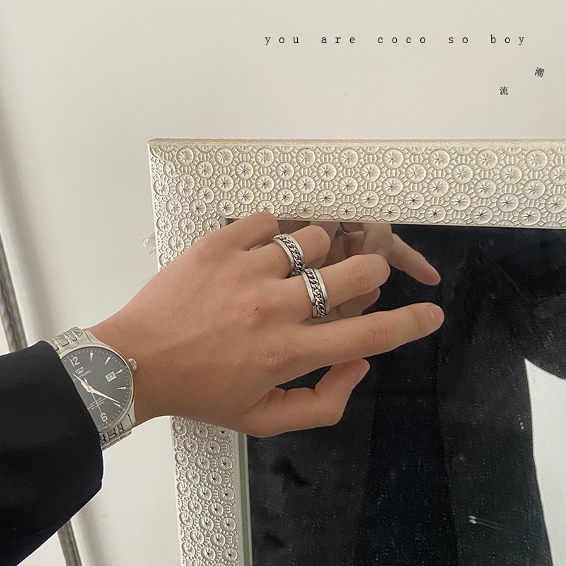 Nhẫn Thép Titan Phối Dây Xích Phong Cách hip hop Hàn Quốc Thời Trang Cho Nam Và Nữ