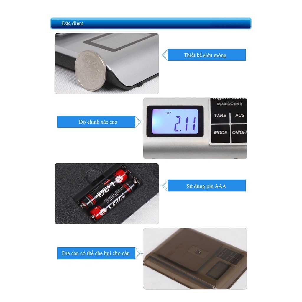 Cân tiểu ly điện tử để bàn nhà bếp có chức năng đếm số lượng Digital 500g 3kg 5KW