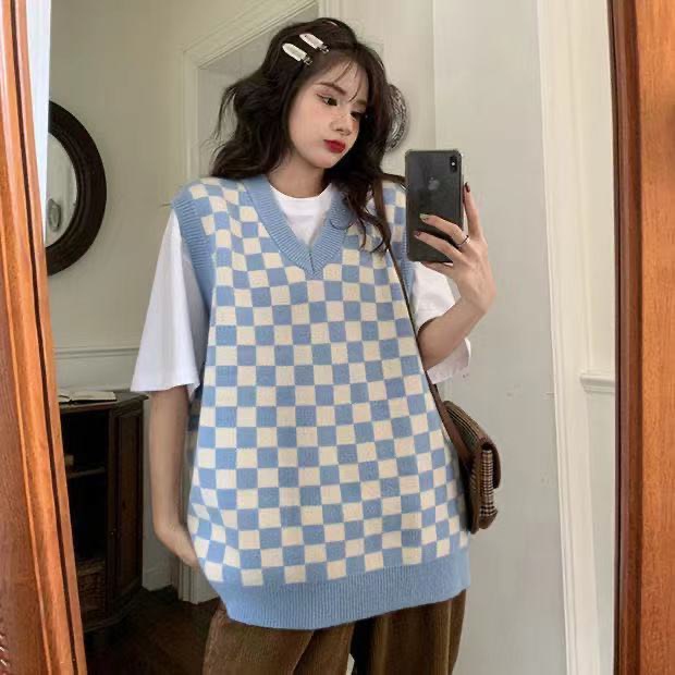 Áo gile len nữ họa tiết kẻ caro hàn quốc kiểu dáng ulzzang mix cùng sơ mi