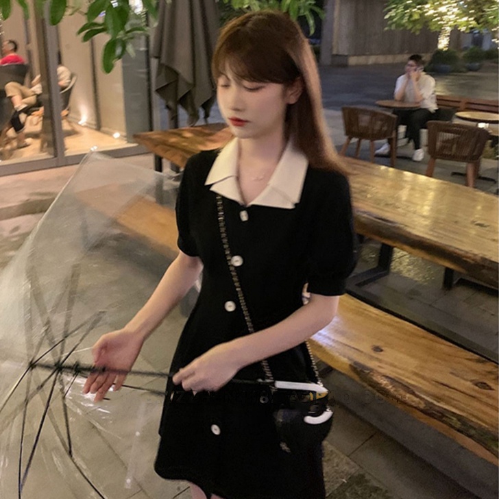 Đầm Perty cổ polo kiểu dáng đơn giản phong cách Hàn Quốc retro cho nữ