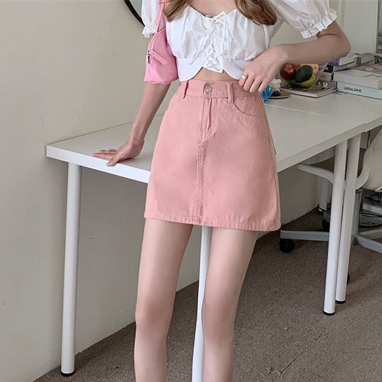 Chân Váy Denim Hồng Lưng Cao Dáng Chữ a Thiết Kế Mới Ngọt Ngào Thời Trang Mùa Hè Cho Nữ