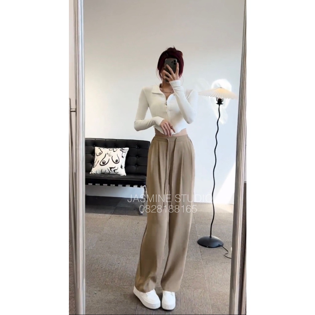 Quần suông lụa trượt QCCC lưng chun có dây rút điều chỉnh eo