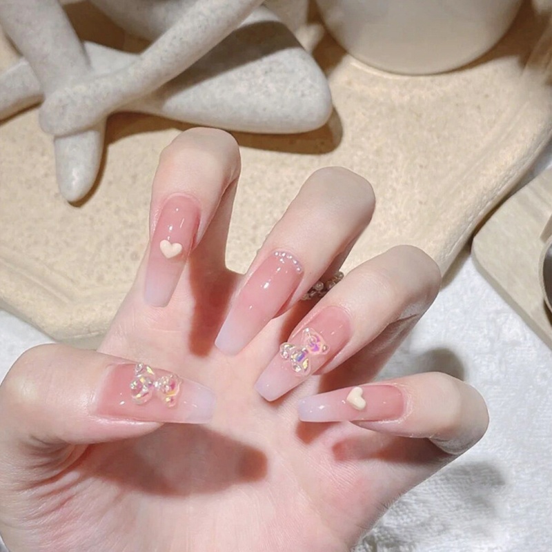 [Hàng mới về] Set 24 móng tay giả che phủ toàn bộ móng tay đính chú gấu hoạt hình pha lê tông màu hồng thời trang