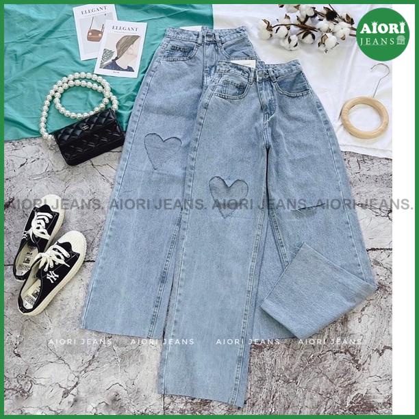 Quần Jean Nữ Aiori Ống Rộng Lưng Cao Hình Trái Tim Bò Suông Phong Cách Thời Trang Hàn Quốc, Jean Cotton Mềm Mịn_Mã 3322