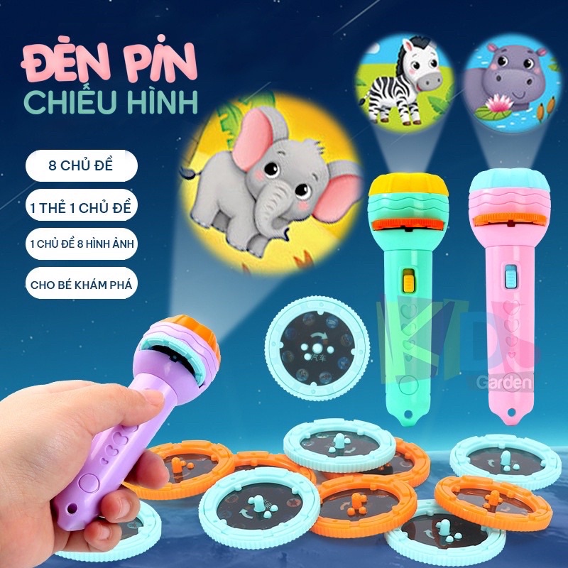 Đèn Pin Chiếu Hình Cho Bé 10 Thẻ 80 Hình Chiếu Ngộ Nghĩnh BUBUKIDS gồm hình động vật siêu nhân hoa quả cho bé yêu