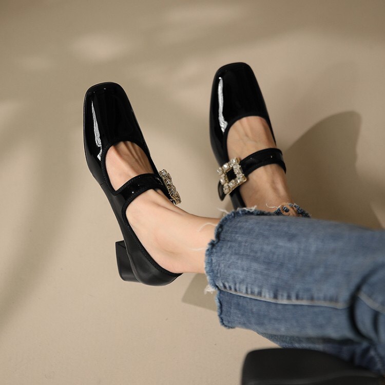 Giày cao gót nữ Mary Jane mũi vuông quai cài đá gót vuông 4.5cm mã V15