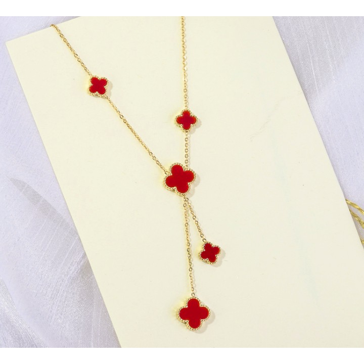 Dây chuyền nữ titan chuỗi hoa L V cách điệu thời trang 2 mặt đen, đỏ siêu đẹp, bền màu