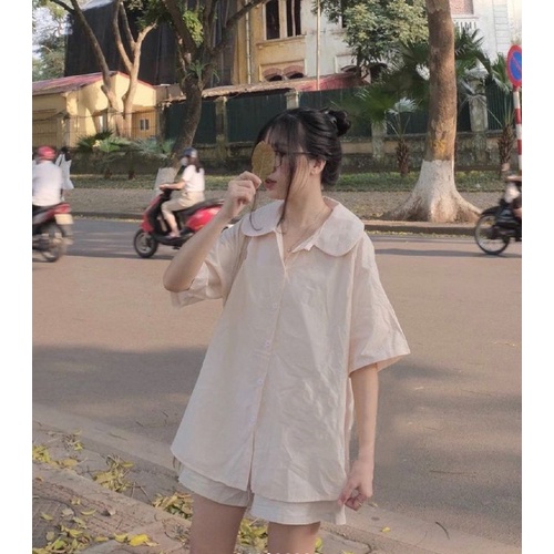 Áo sơ mi nữ cổ sen form rộng tay lỡ basic Hàn Quốc,áo sơ mi kiểu tay ngắn đi học, công sở dáng unisex