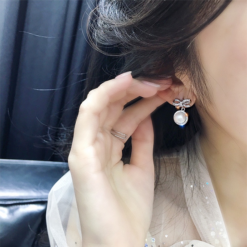 Bông Tai Mạ Bạc 925 Hình Nơ Đính Ngọc Trai Lớn Phong Cách Hàn Quốc