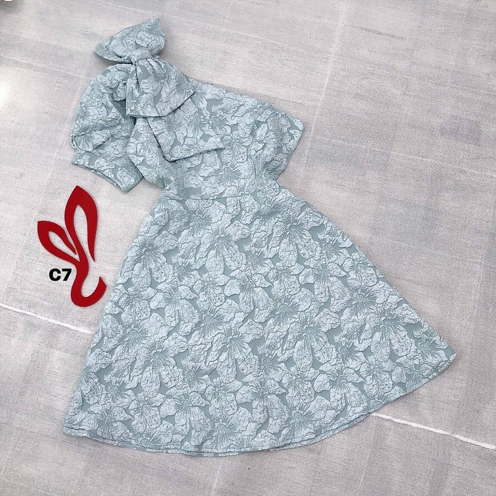 [GA02] Đầm Lệch Vai Vải Gấm Dự Tiệc, Họa Tiết Dập Nổi, 2 Màu Đen, Trắng, Hồng, Xanh - HÌNH THẬT | BigBuy360 - bigbuy360.vn