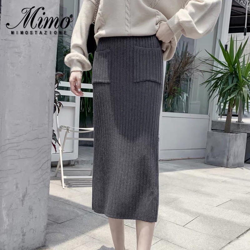 [Hàng Quảng Châu]SP042 Chân váy len midi xẻ tà túi vuông