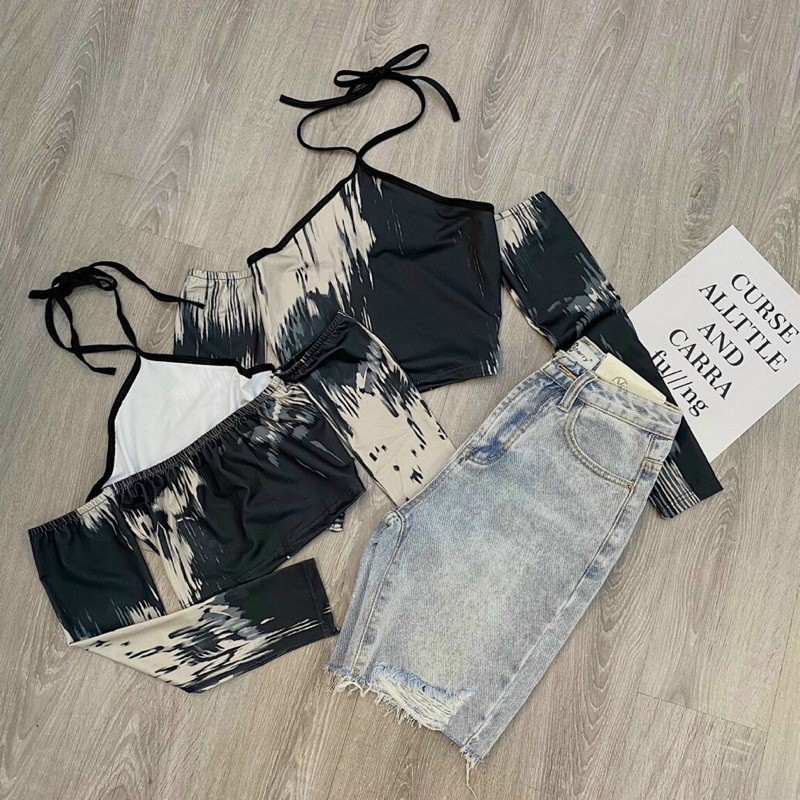 Áo ulzzang croptop cổ yếm loang màu thun co giãn tay dài