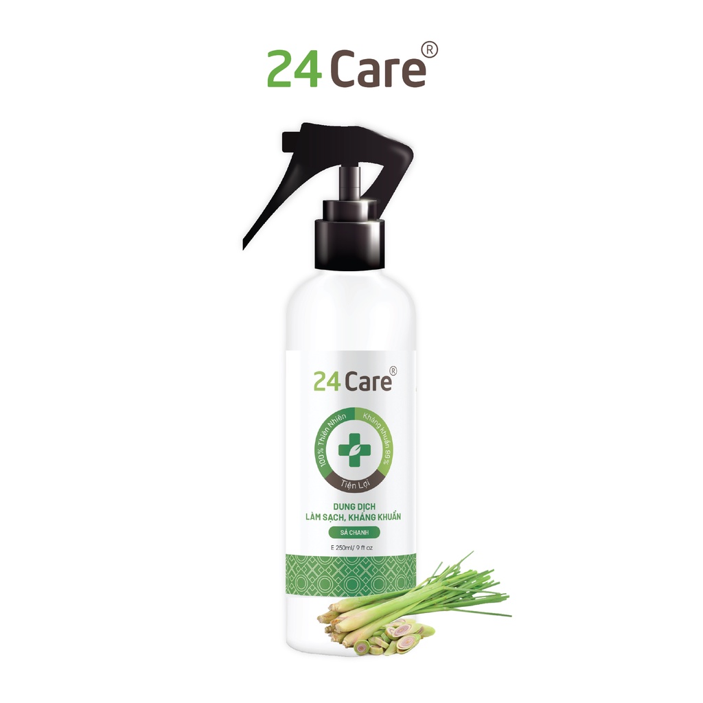 Xịt sát khuẩn tinh dầu Sả Chanh 24Care 250ml - diệt khuẩn 99,9%, xịt rửa tay khô, xịt khử trùng không khí và đồ vật