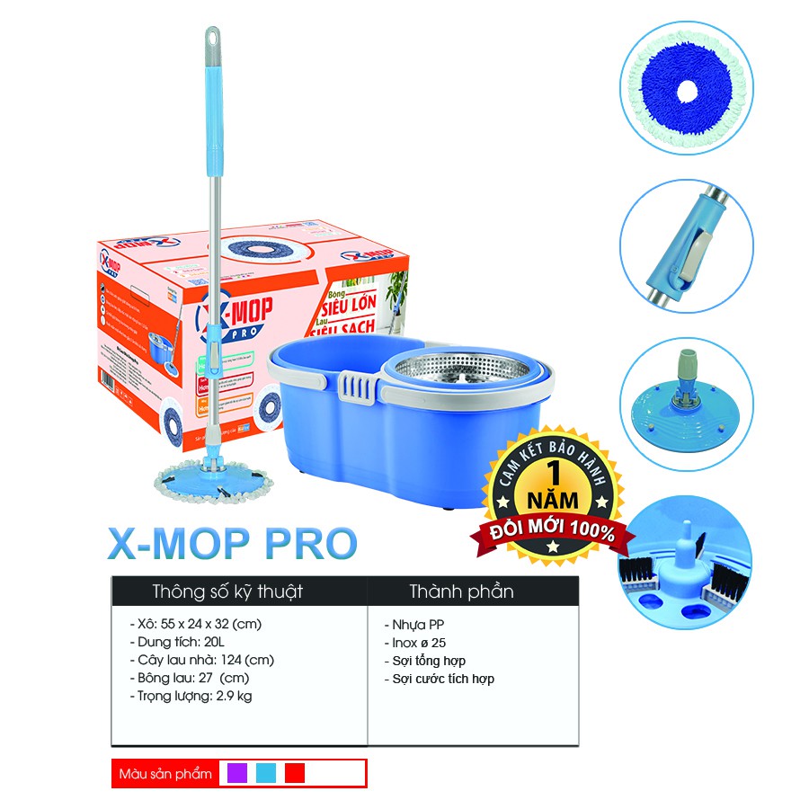 Bộ chổi lau nhà 360 độ XMOP Pro thế hệ mới siêu bền, vắt nhẹ, sạch, hàng Megahome Việt nam, bảo hành chính hãng 1 năm