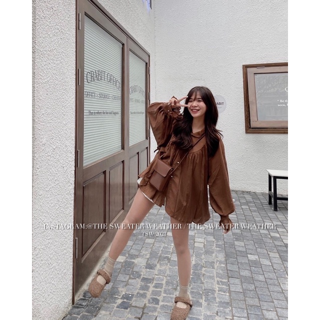 Áo babydoll tay bồng cúc ngọc oversize ulzzang Hàn Quốc vintage