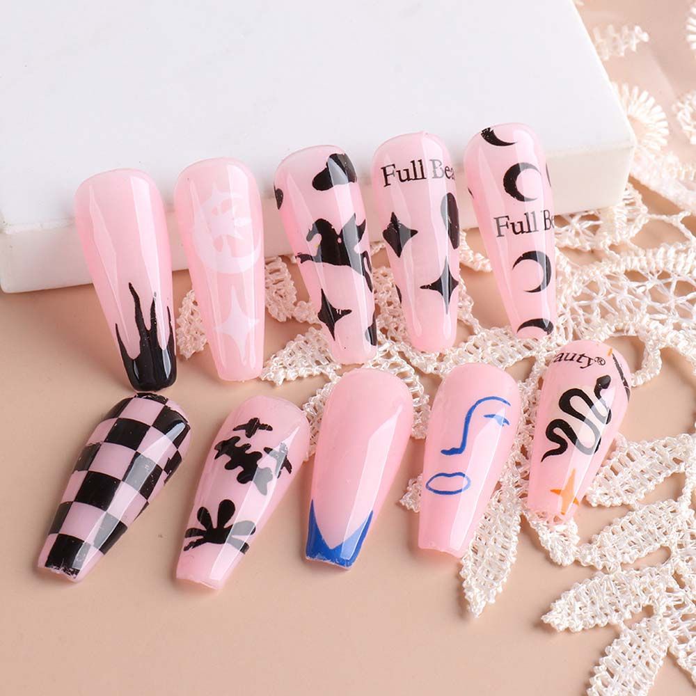 Túi 10 cuộn giấy dán móng tay nghệ thuật thủ công lá kim loại chuyển họa tiết caro/ngôi sao/mặt trăng dấu nước cho nữ