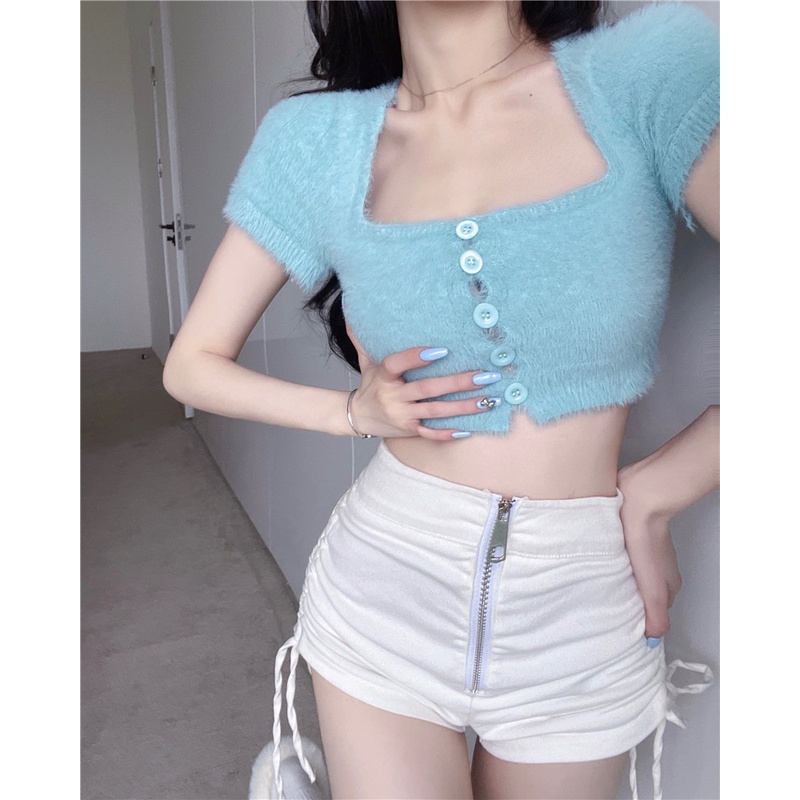 Áo Croptop Dệt Kim Không Tay Cổ Vuông Phối Lông Dễ Thương