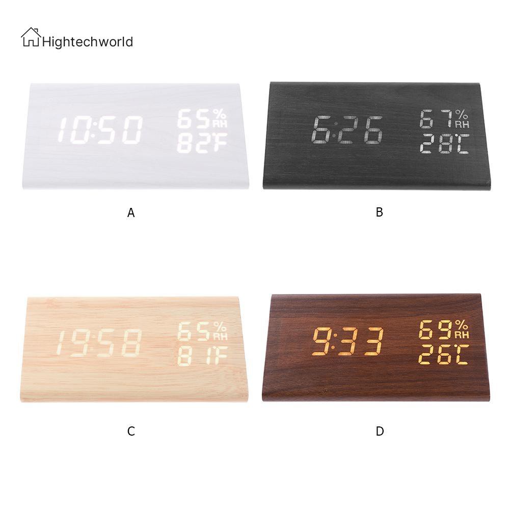 Hightechworld USB Wood LED Sound Control Alarm Clock Thermometer Timer Calendar Display