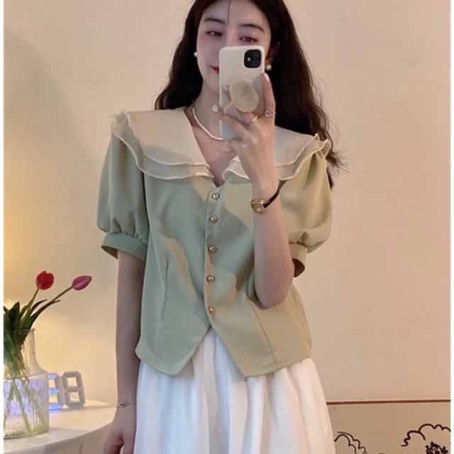 Áo kiểu nữ, áo nữa kiểu tay phồng cổ bèo tơ chất liệu cao cấp phong cách Hàn Quốc áo order Taobao