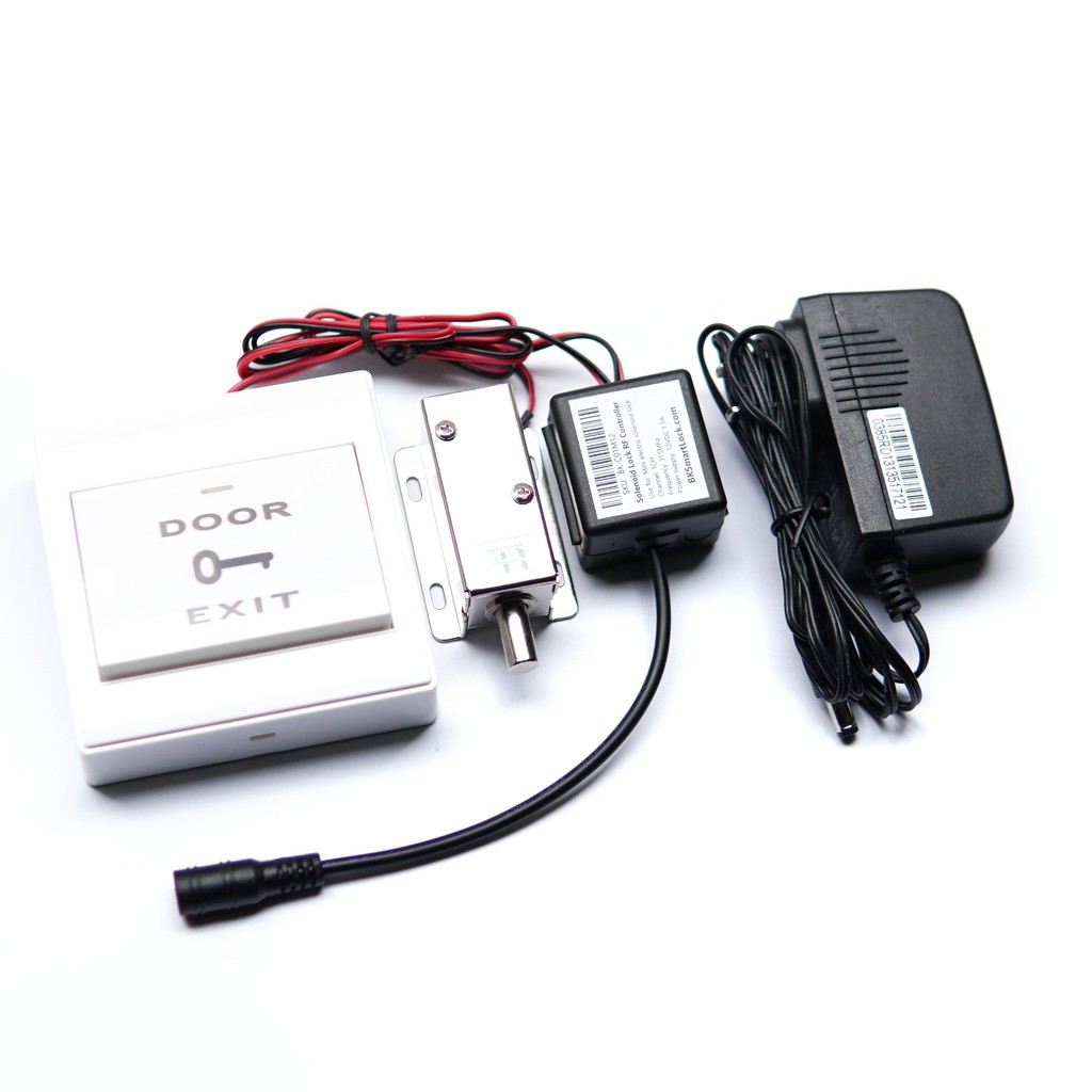 Bộ khóa cửa điện từ BK Smart Lock BK-C06M12, chốt tròn thường đóng D8mm 12V, remote, nút nhấn exit mở cửa bên trong