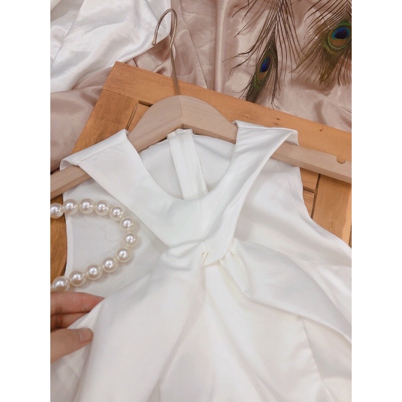 [Ảnh thật/Video]Váy nữ cổ yếm xoắn ngực dáng chữ A tiểu thư bánh bèo thời trang nữ Summer Đầm hở vai ngọt ngào